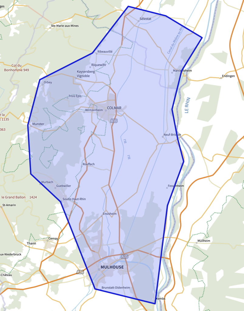 Carte routière indiquant le secteur d'activité de Dollydog Educ - éducateur comportementaliste canin en Alsace. Le secteur comprend Sélestat - Colmar - Marckolsheim - Neuf-Brisach - Fessenheim - Ottmarsheim - Kembs - Sierentz - Mulhouse - Wittenheim - Kingersheim - Ensisheim - Soultz - Guebwiller - Munster - Ribeauvillé